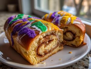 Close-up of a sliced cinnamon King Cake drizzled with white icing and covered in purple, green, and gold sprinkles.