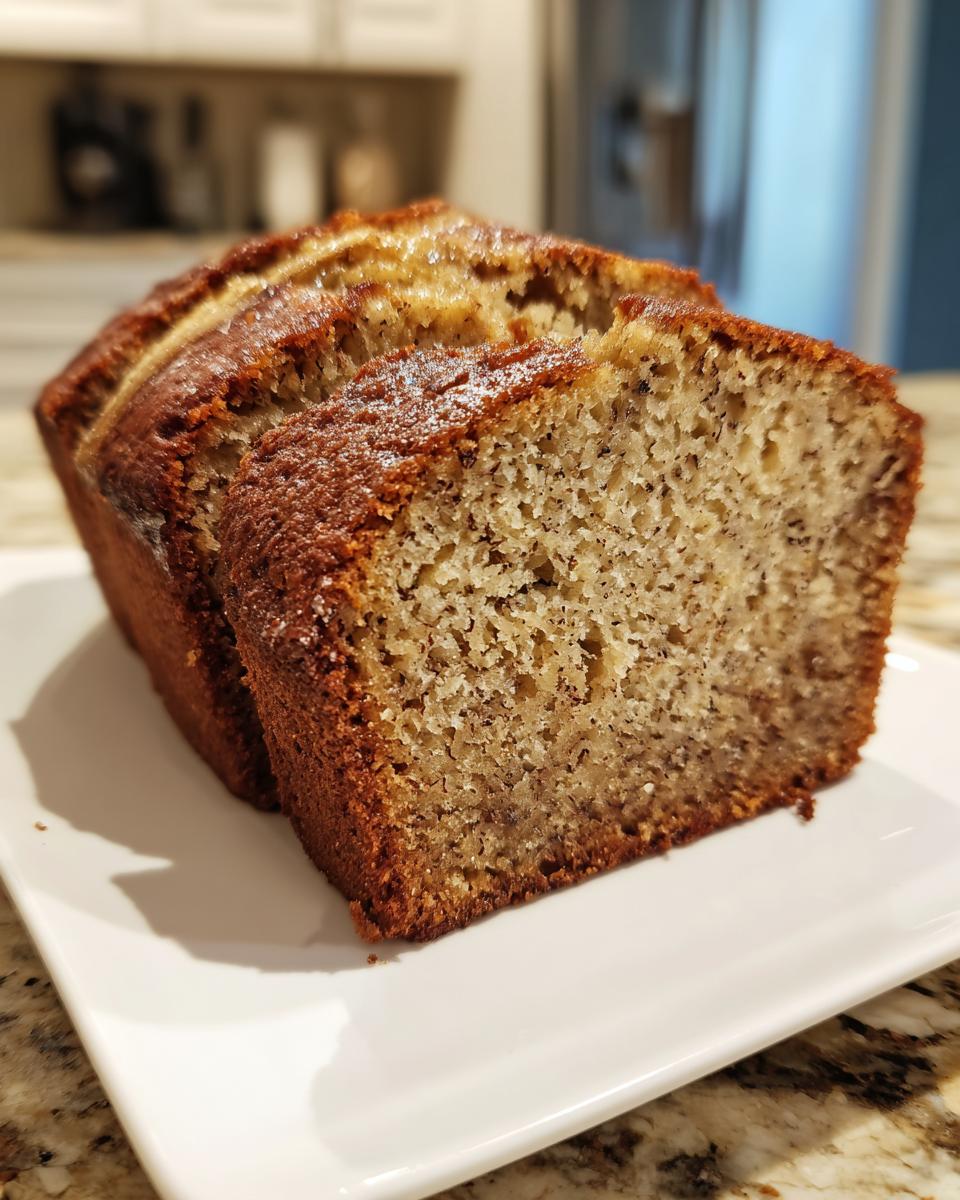 Close-up of a freshly baked loaf of sugar free banana bread, sliced and resting on a white plate.