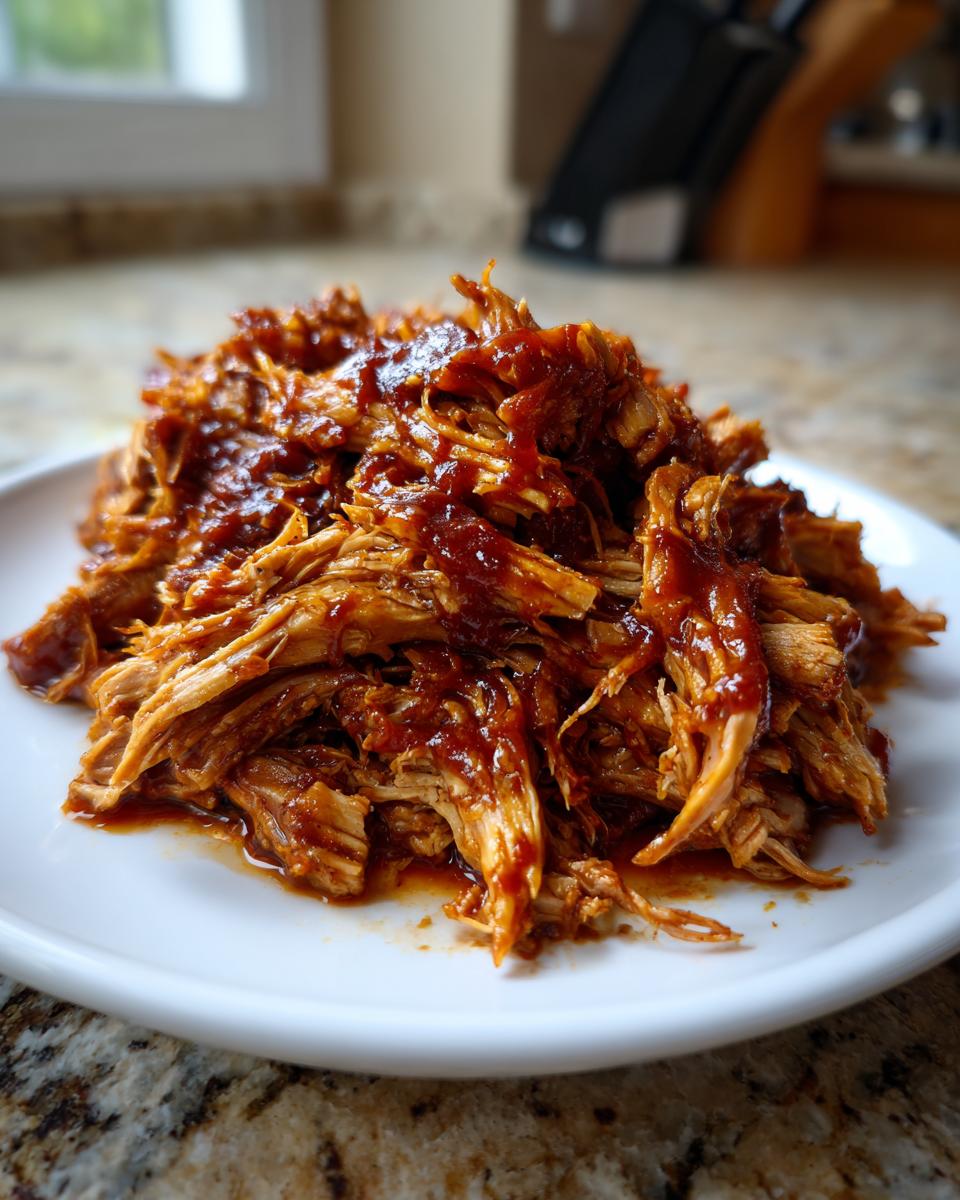 A close-up of tender, shredded Slow Cooker Pulled Pork generously coated in barbecue sauce, served on a white plate.