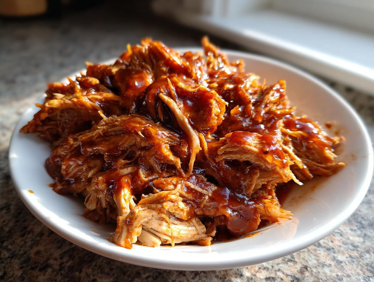 Close-up of tender, shredded Slow Cooker Pulled Pork coated generously in rich barbecue sauce, served on a white plate.
