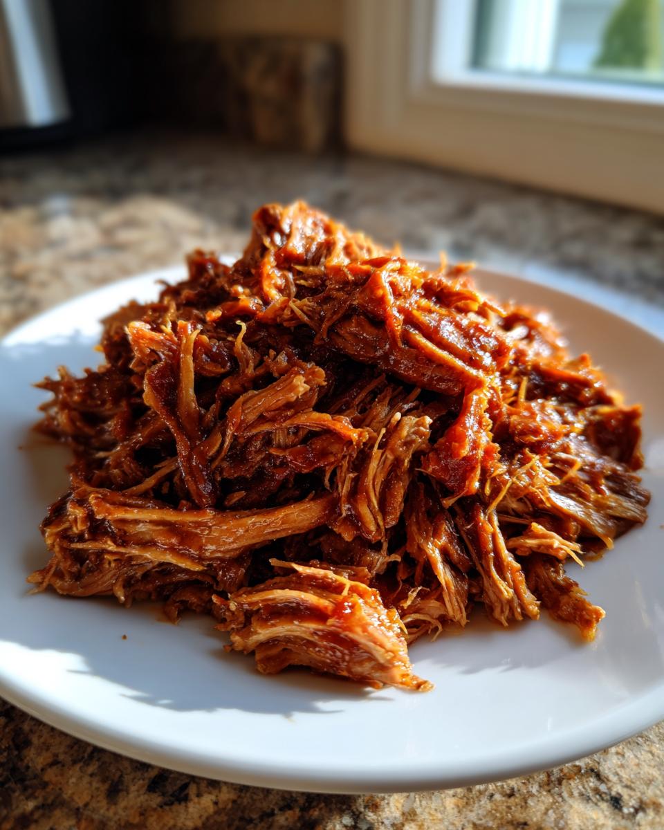 A close-up of a mound of saucy, shredded Slow Cooker Pulled Pork piled high on a white plate.