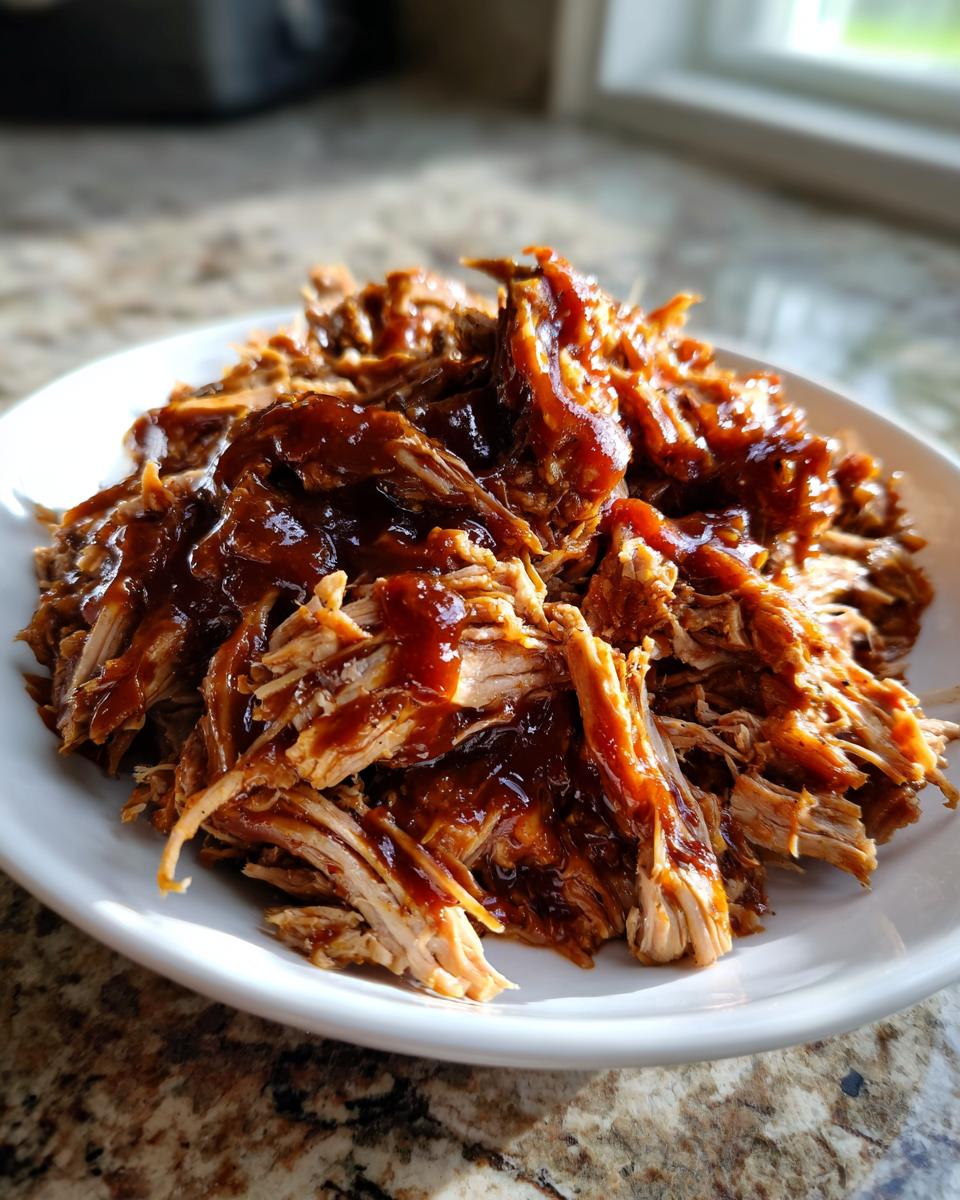 Close-up of tender, shredded Slow Cooker Pulled Pork generously coated in barbecue sauce, served on a white plate.