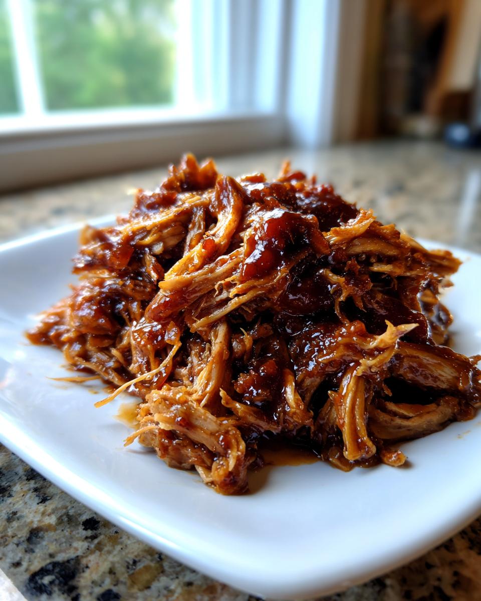A close-up of tender, saucy Slow Cooker Pulled Pork piled high on a square white plate.