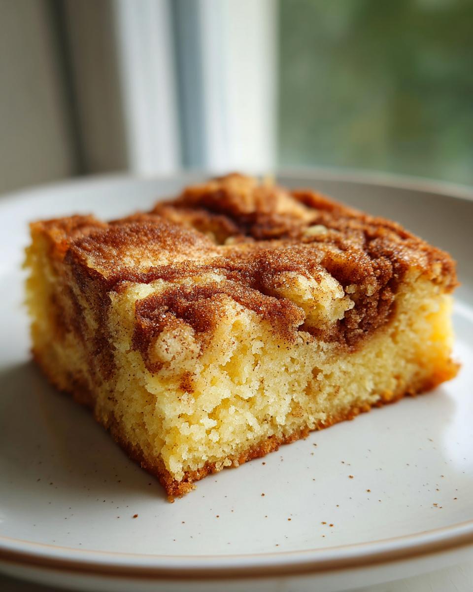 A square slice of moist, golden snickerdoodle blondies topped with a rich cinnamon swirl.
