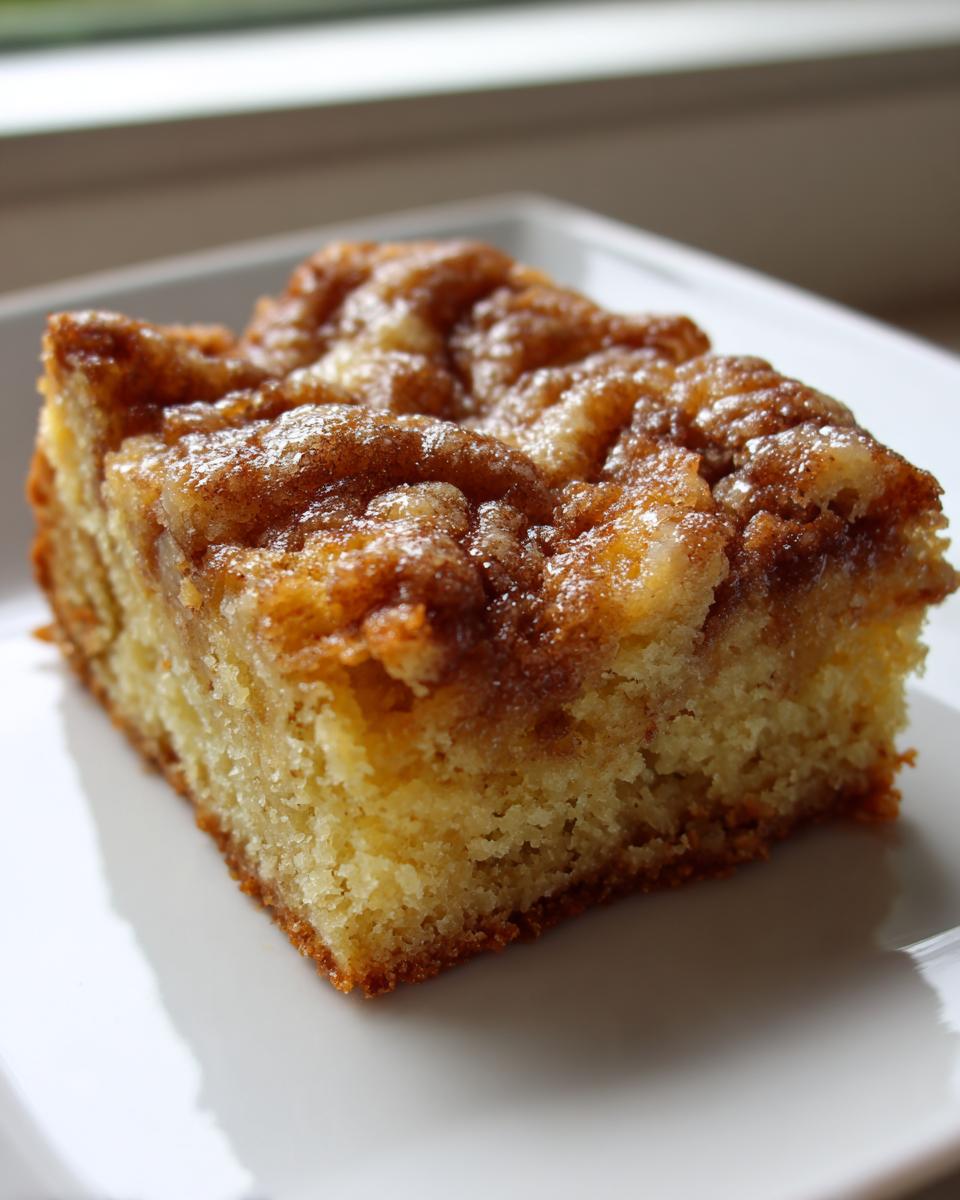 A single square of moist snickerdoodle blondies with a rich cinnamon-sugar swirl topping on a white plate.