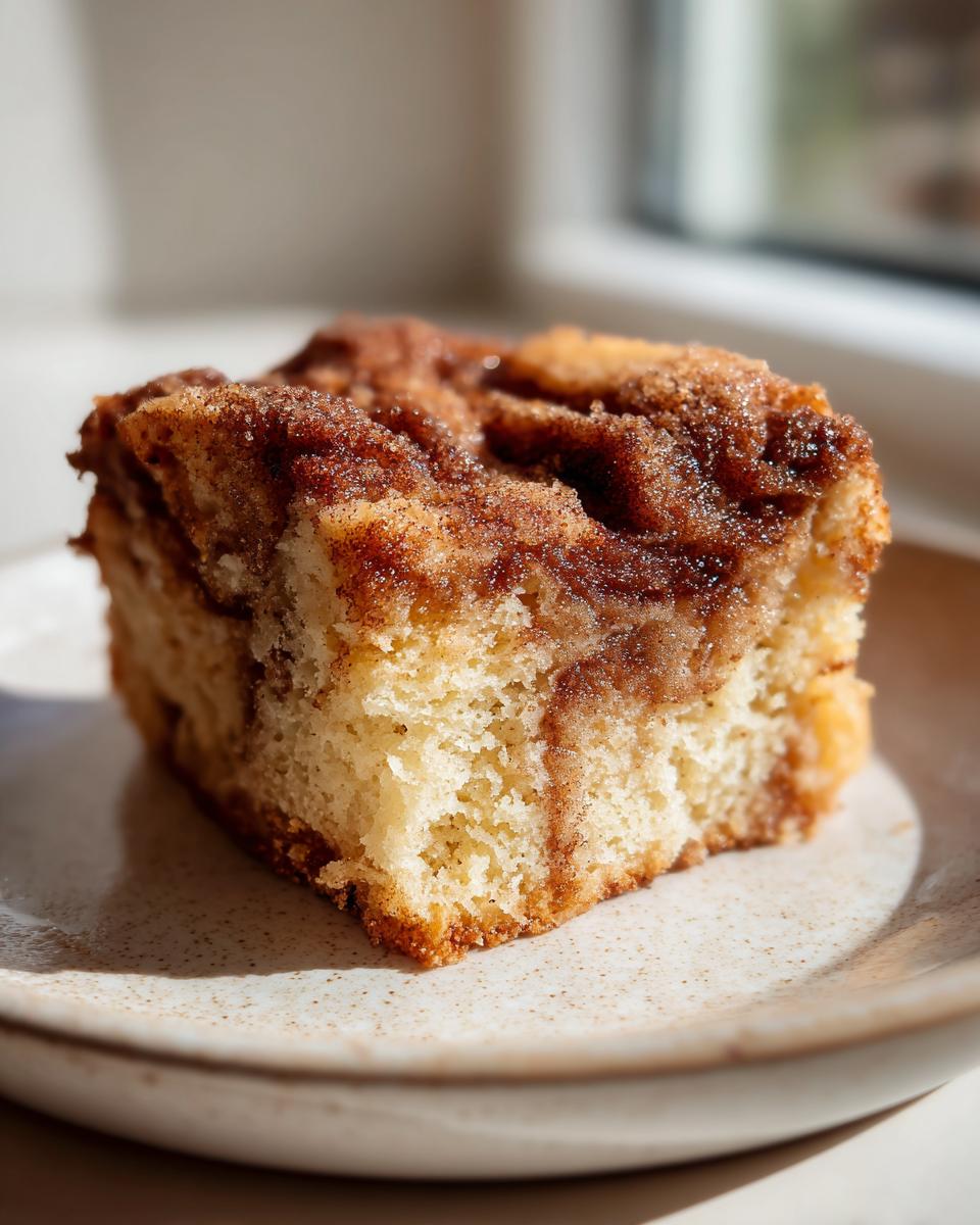 A square piece of moist snickerdoodle blondies with a rich cinnamon swirl topping, sitting on a speckled plate.