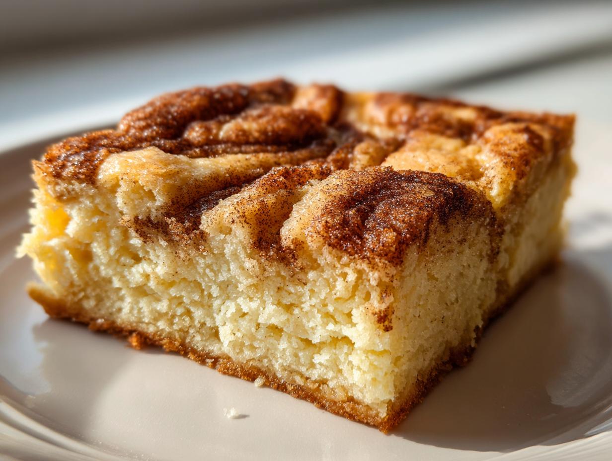 A close-up, sunlit shot of a single square of chewy snickerdoodle blondies with a cinnamon swirl topping.