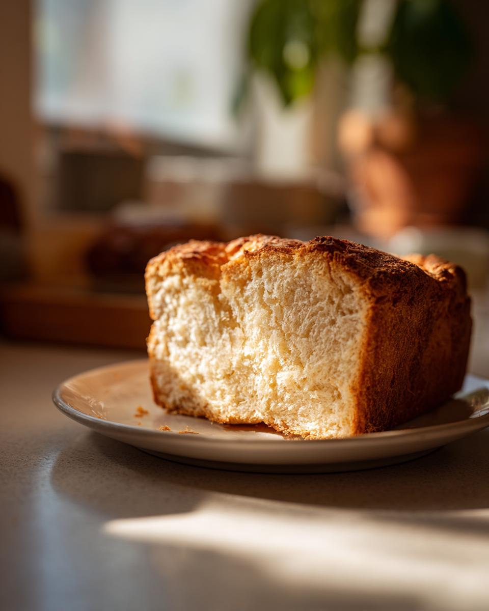 A thick slice of golden-crusted soda bread showing its soft, airy interior, resting on a small plate.