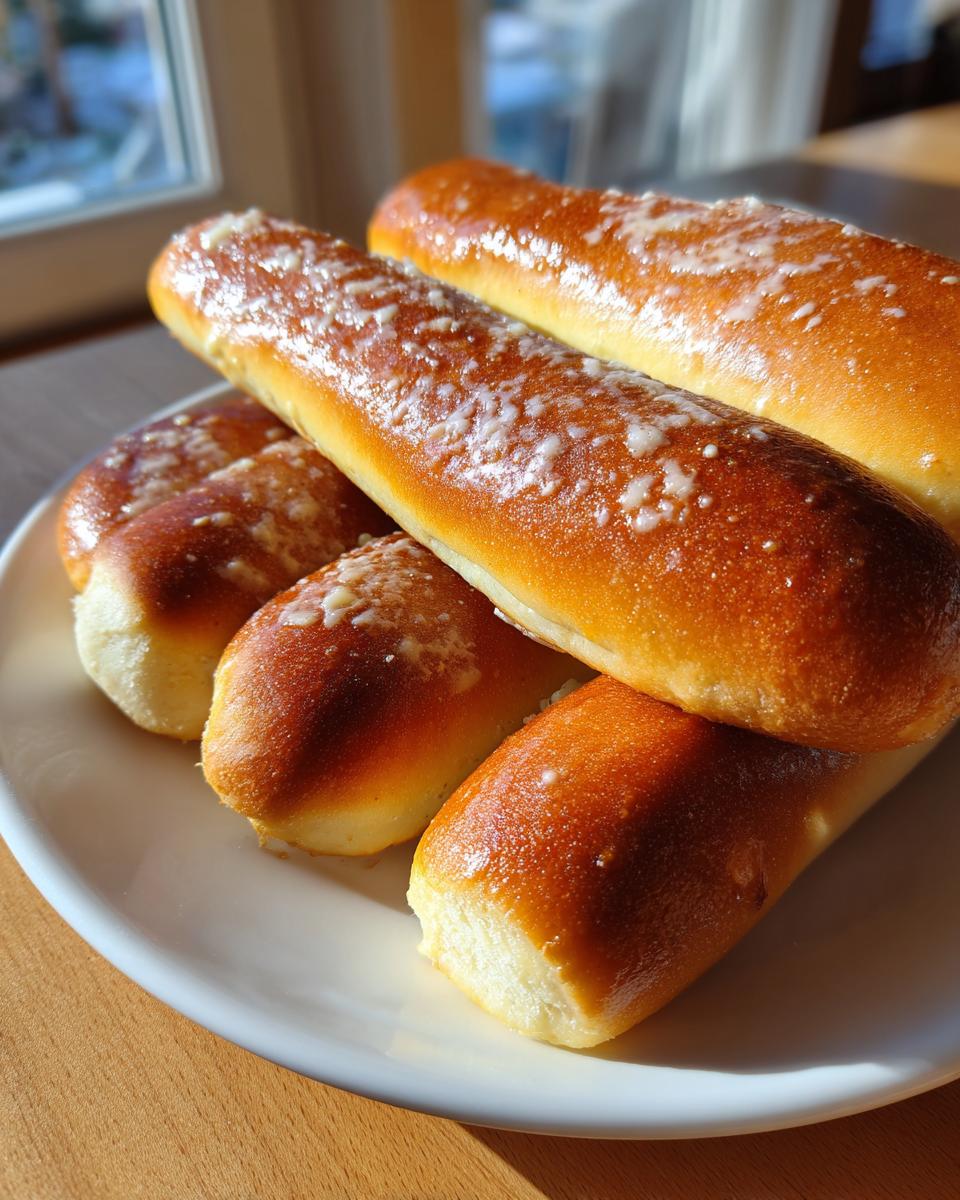 A stack of golden brown, soft breadsticks brushed with melted butter and sprinkled with garlic, ready to eat.