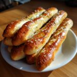 A stack of freshly baked, soft breadsticks brushed with garlic butter and sprinkled with Parmesan cheese.