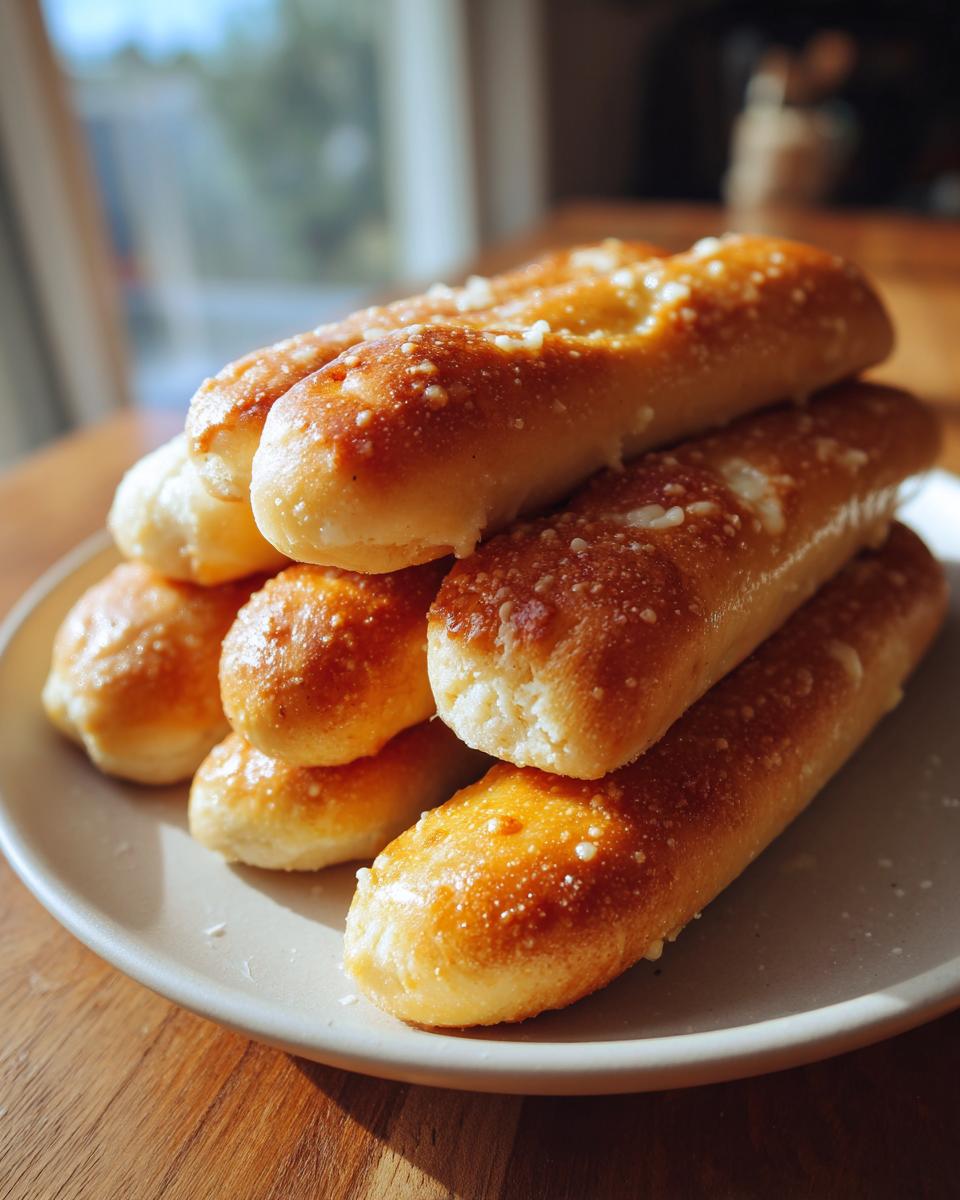 A stack of freshly baked, golden brown soft breadsticks sprinkled with garlic butter, resting on a light plate.