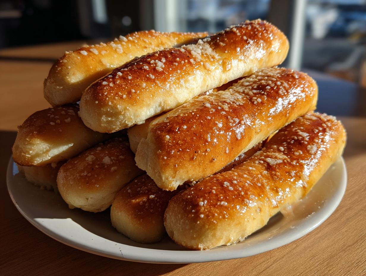 A close-up stack of golden brown, soft breadsticks glistening with butter and topped with coarse salt.