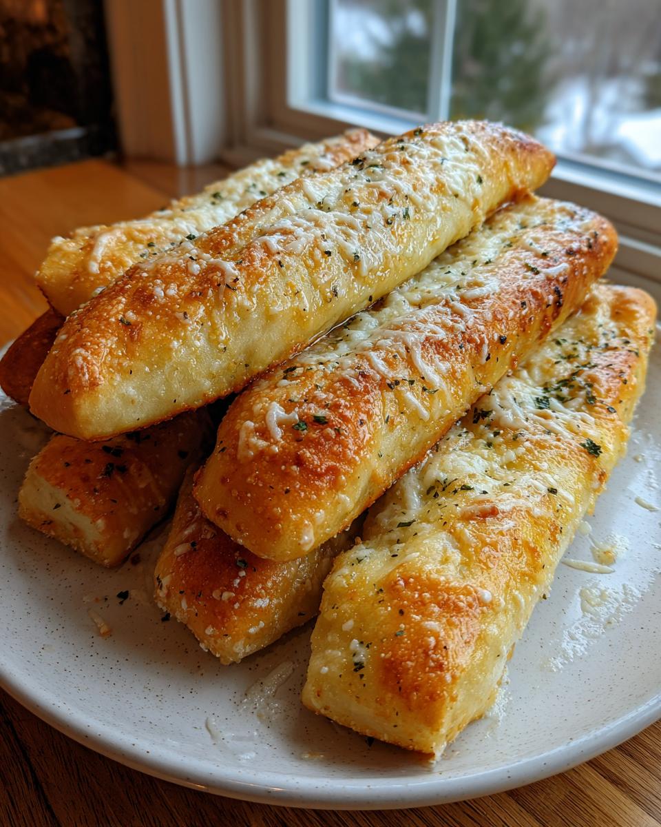 A stack of golden brown, soft breadsticks topped with melted cheese and parsley, served on a white plate.