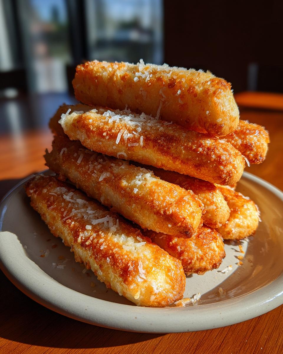 A stack of golden brown, cheesy breadsticks topped with grated Parmesan cheese.