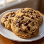 Close-up of three soft, golden brown pudding cookies loaded with melted chocolate chips on a white plate.
