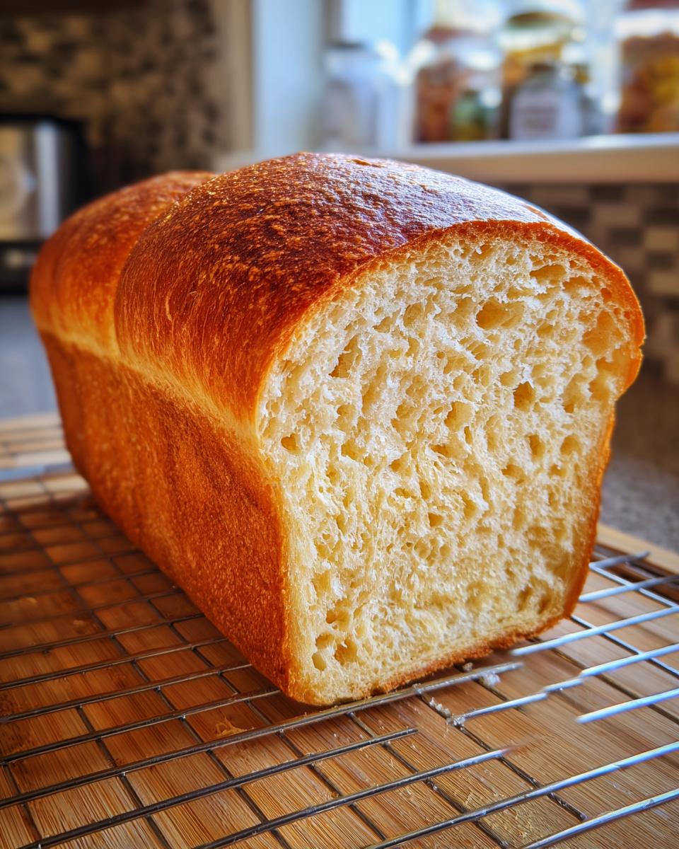 A golden brown loaf of soft whole wheat bread, sliced to show the fluffy interior, cooling on a wire rack.