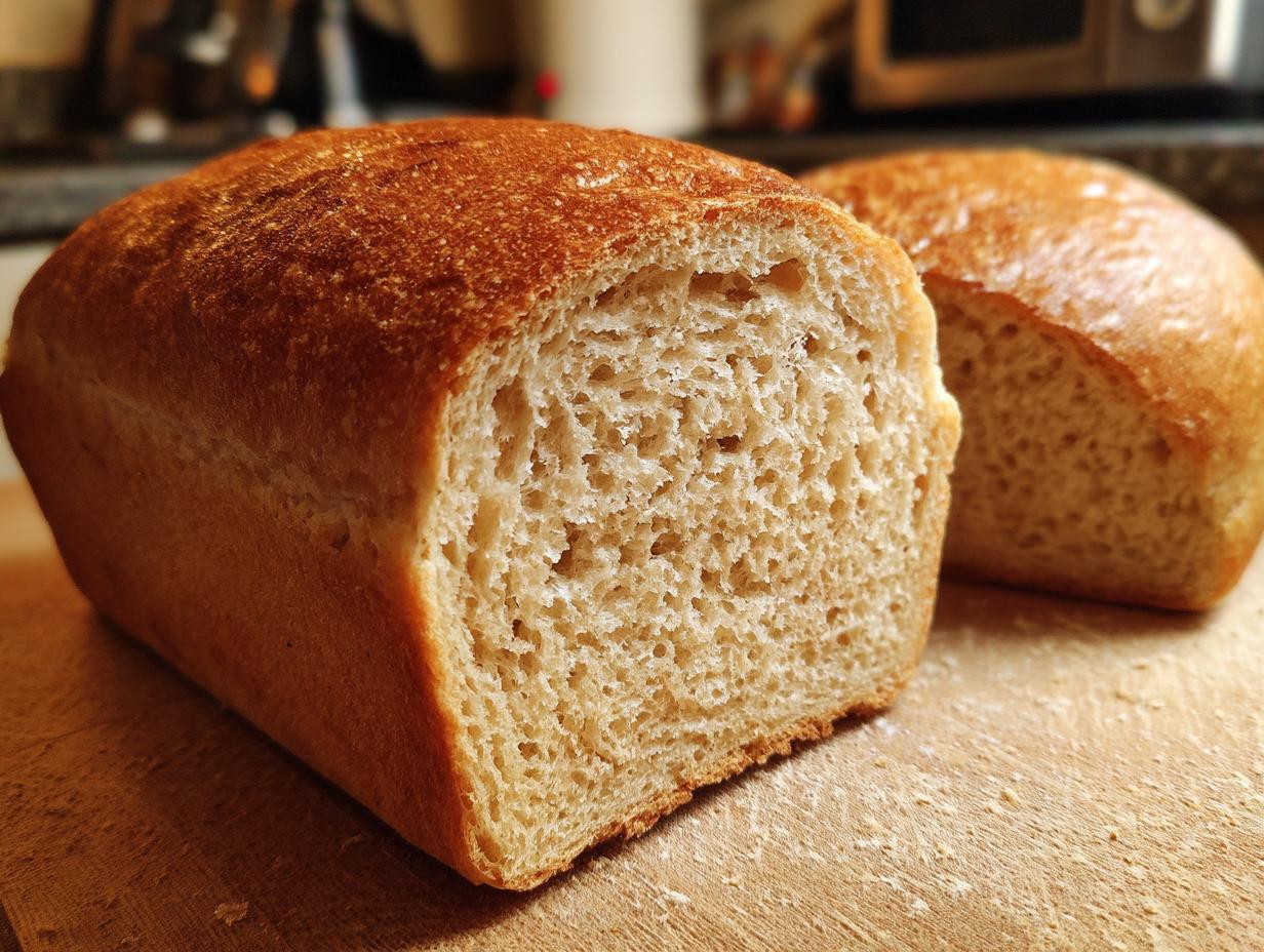 Close-up of a freshly baked loaf of soft whole wheat bread, showing the light, airy crumb texture.