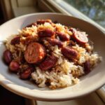 A close-up of a bowl filled with savory beans and rice mixed with slices of smoked sausage.