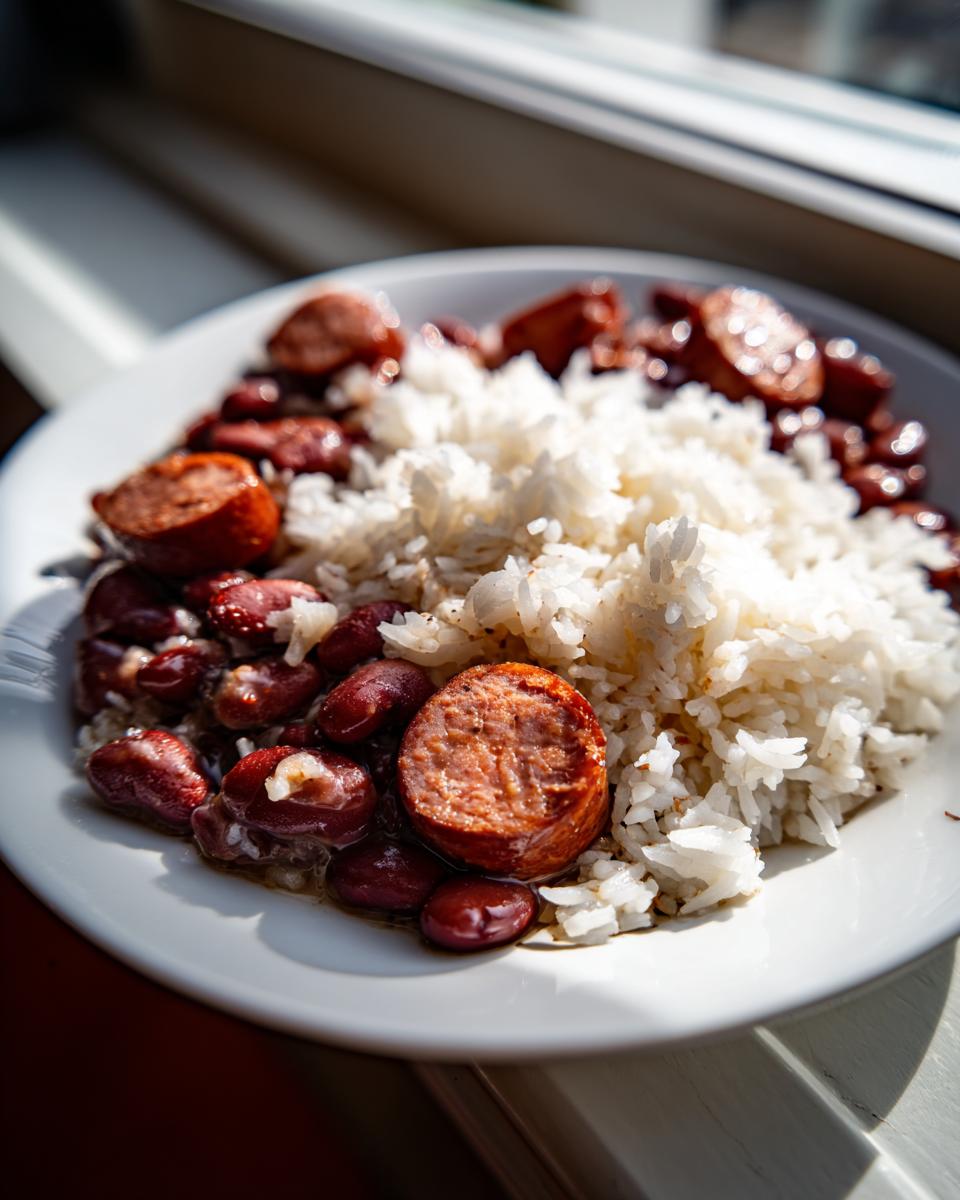 Close-up of a white plate featuring classic beans and rice topped with slices of smoked sausage.