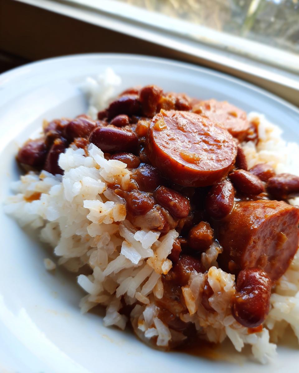 Close-up of a serving of soulful beans and rice topped with thick slices of smoked sausage.