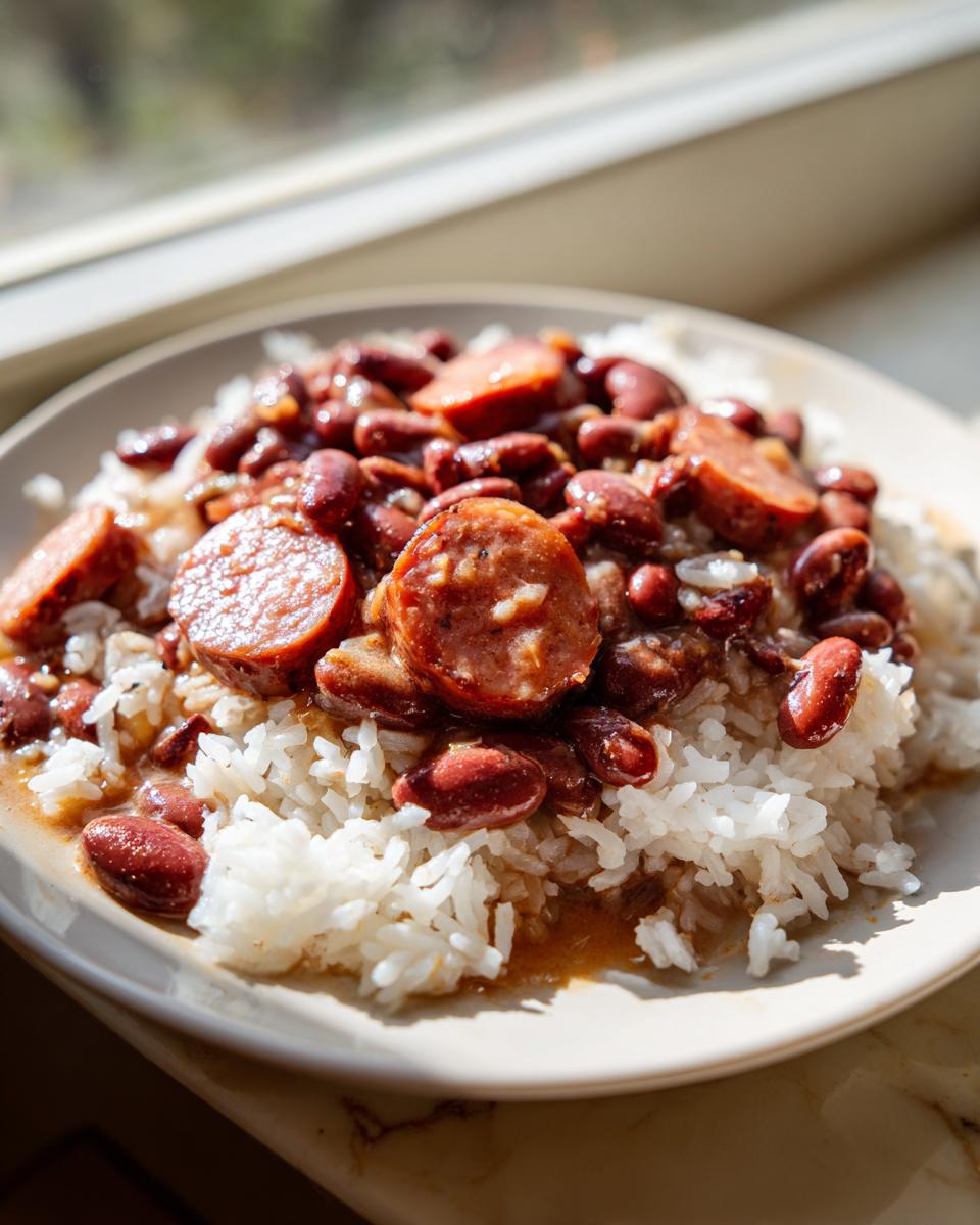 A close-up of a plate of classic beans and rice topped with thick slices of smoked sausage.