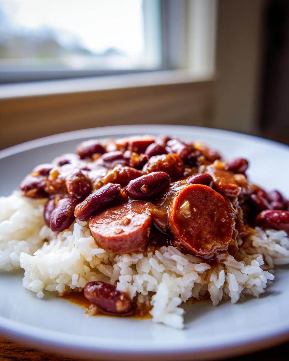 Close-up of savory beans and rice topped with slices of smoked sausage, a perfect comfort food.
