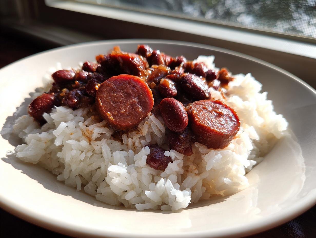 A close-up of savory beans and rice topped with sliced smoked sausage, served on a light plate near a sunlit window.