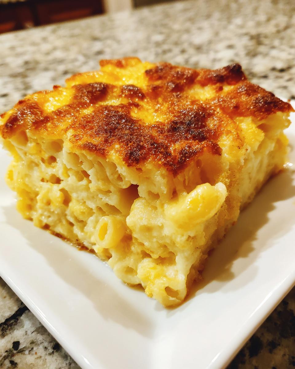A square slice of rich southern baked macaroni and cheese with a beautifully browned, cheesy crust.