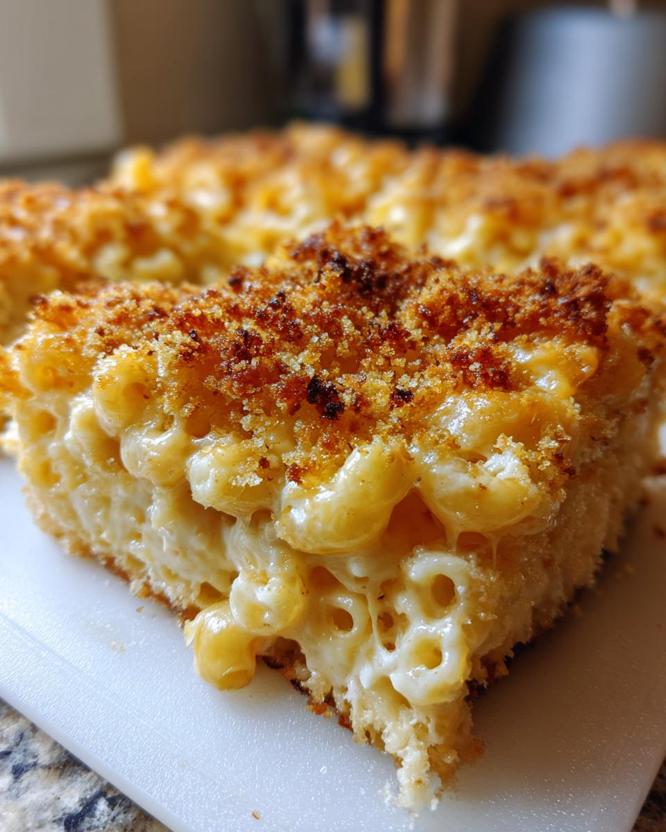 Close-up of a square slice of creamy southern baked macaroni and cheese with a golden, crispy breadcrumb topping.
