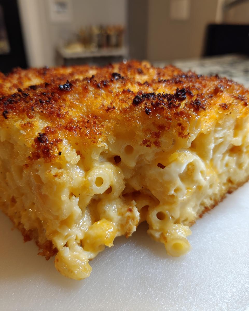 A close-up view of a thick slice of southern baked macaroni and cheese showing creamy interior and crispy, browned top crust.
