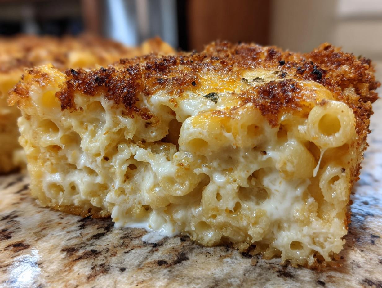 Close-up of a thick slice of southern baked macaroni and cheese with a creamy interior and crispy, browned top crust.