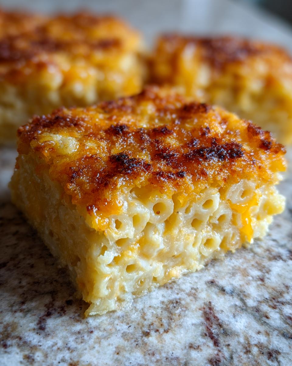 Close-up of a square portion of southern baked macaroni and cheese with a deeply browned, cheesy crust.