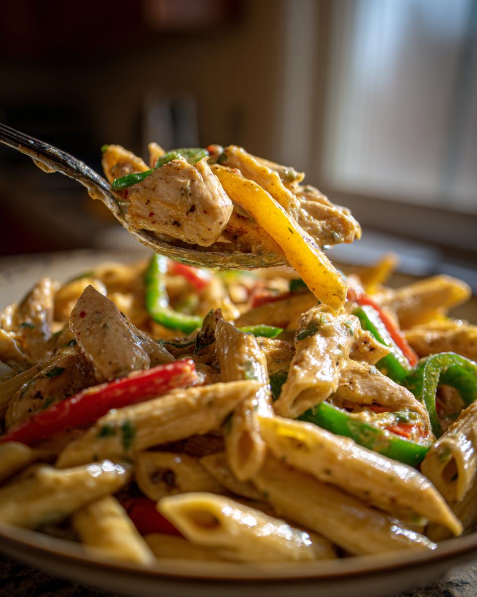 A spoonful of creamy Rasta pasta featuring chicken chunks and colorful bell peppers being lifted from a bowl.