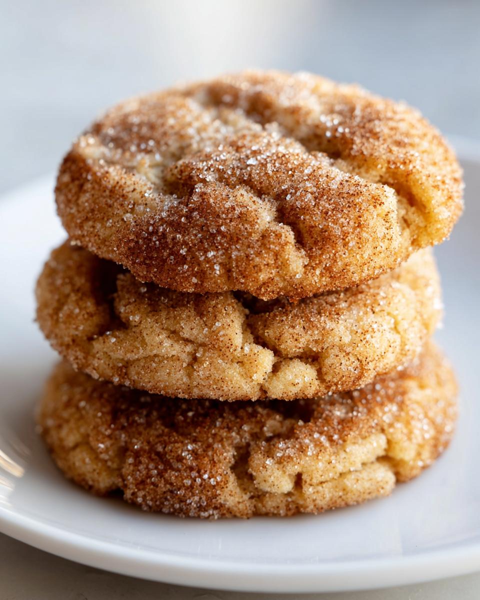 A stack of three soft brown butter sugar cookies generously coated in cinnamon sugar.