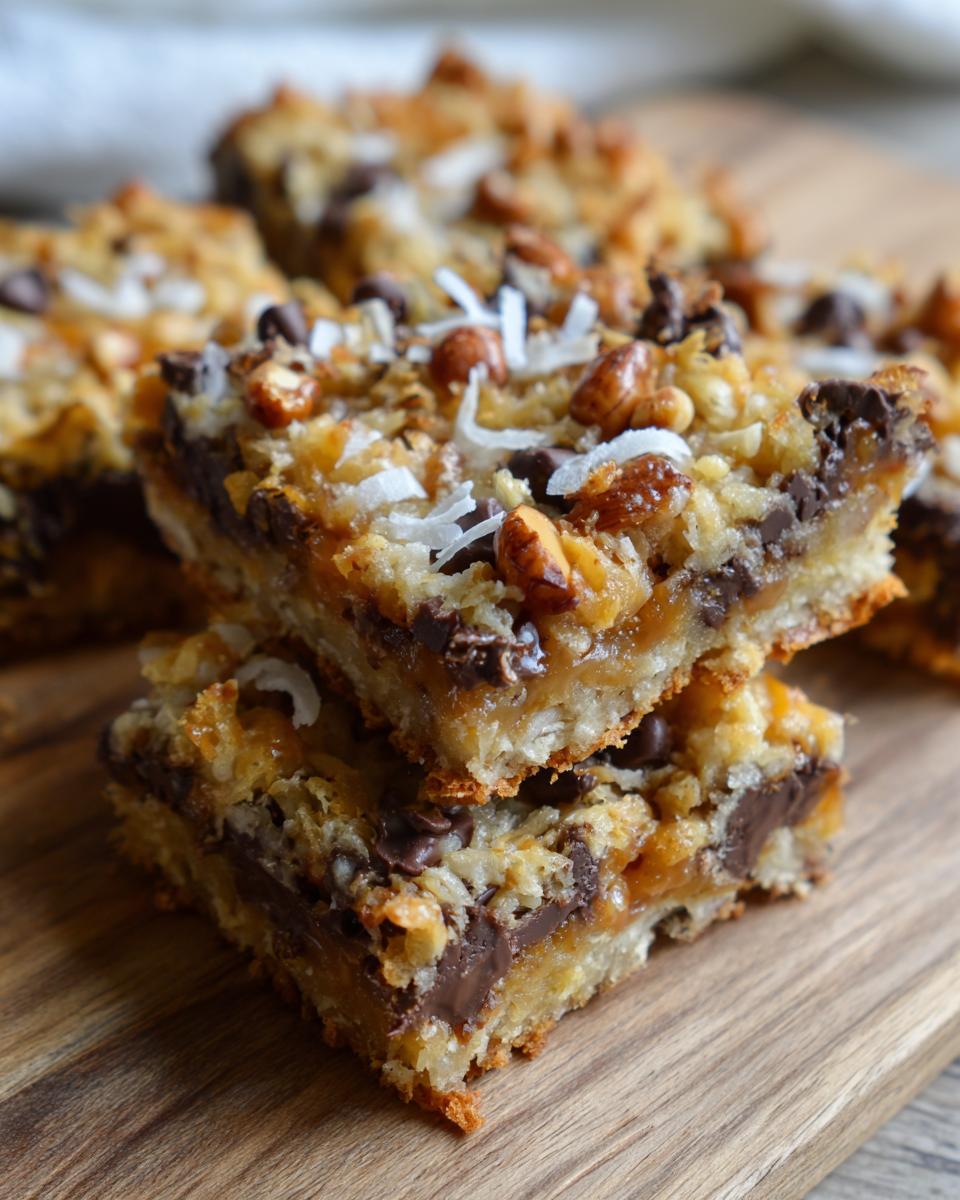 Two stacked squares of rich magic cookie bars showing layers of crust, chocolate, and coconut-nut topping.