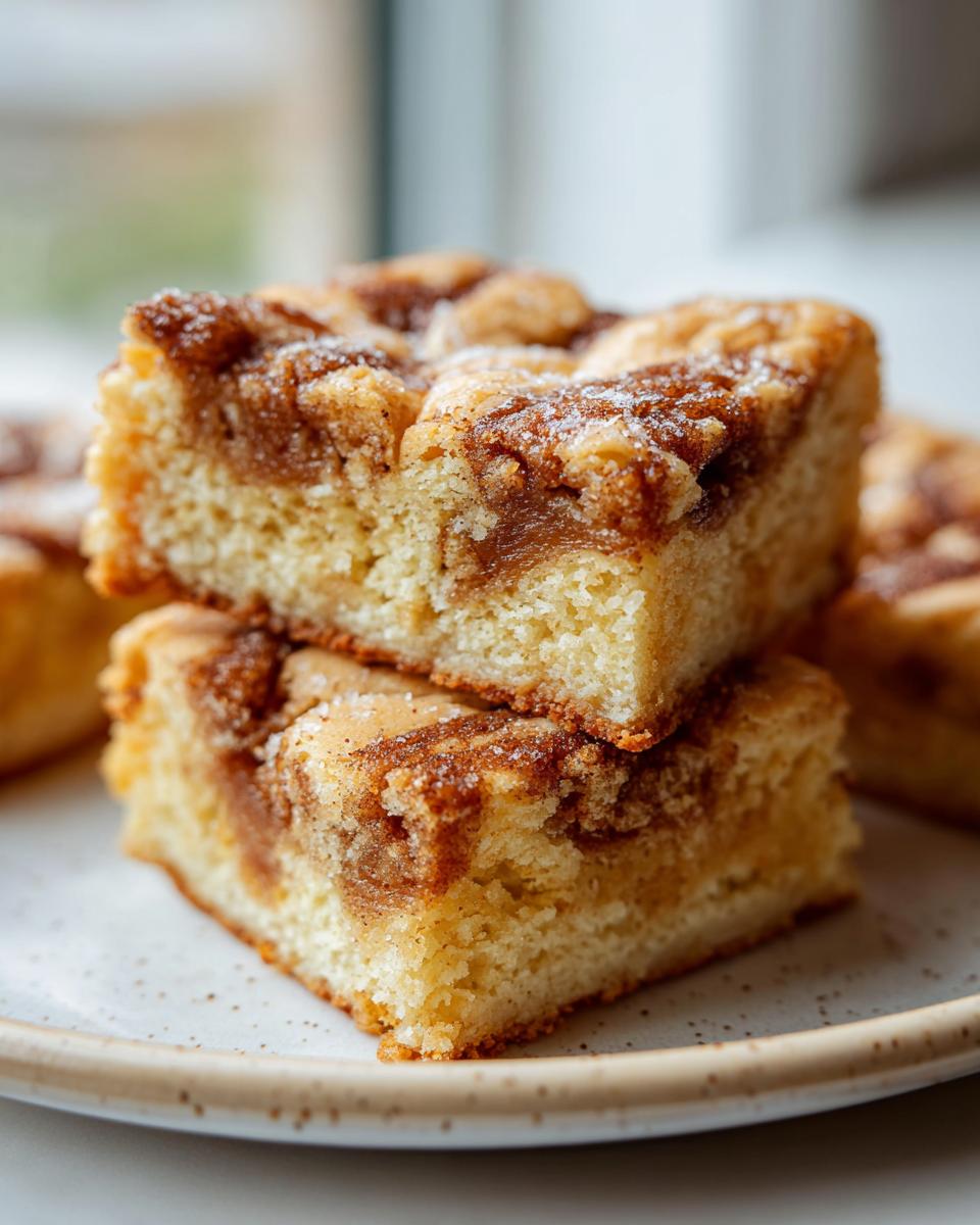 Two stacked, thick squares of snickerdoodle blondies showing a dense, buttery base and a rich cinnamon sugar swirl topping.