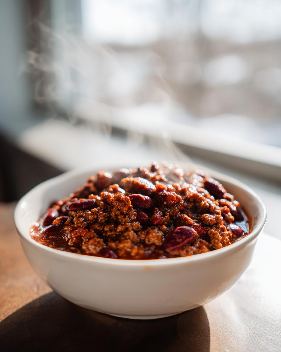 Close-up of a white bowl filled with steaming hot crockpot chili, rich with ground meat and kidney beans.
