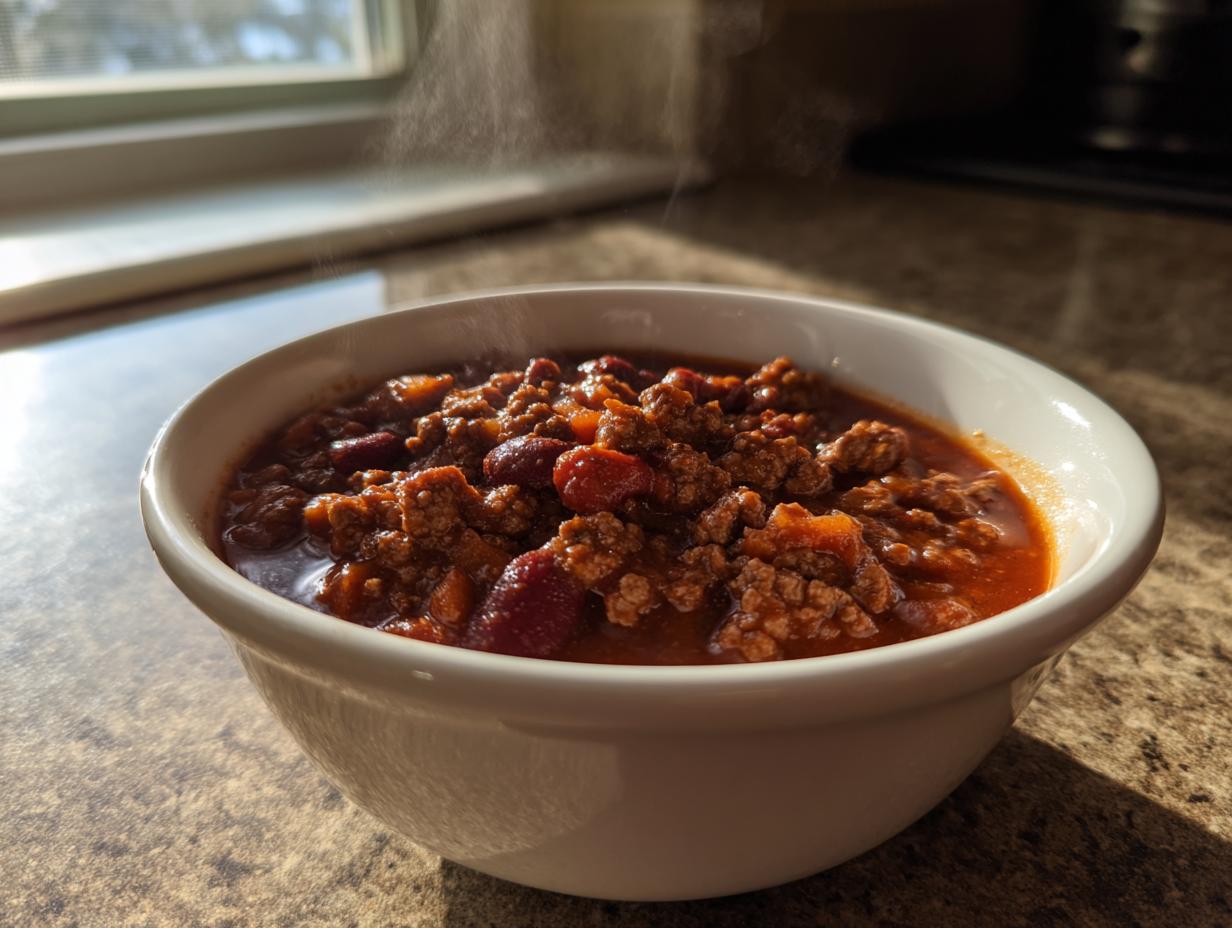 A close-up of a steaming white bowl filled with rich, hearty crockpot chili featuring ground meat and kidney beans.
