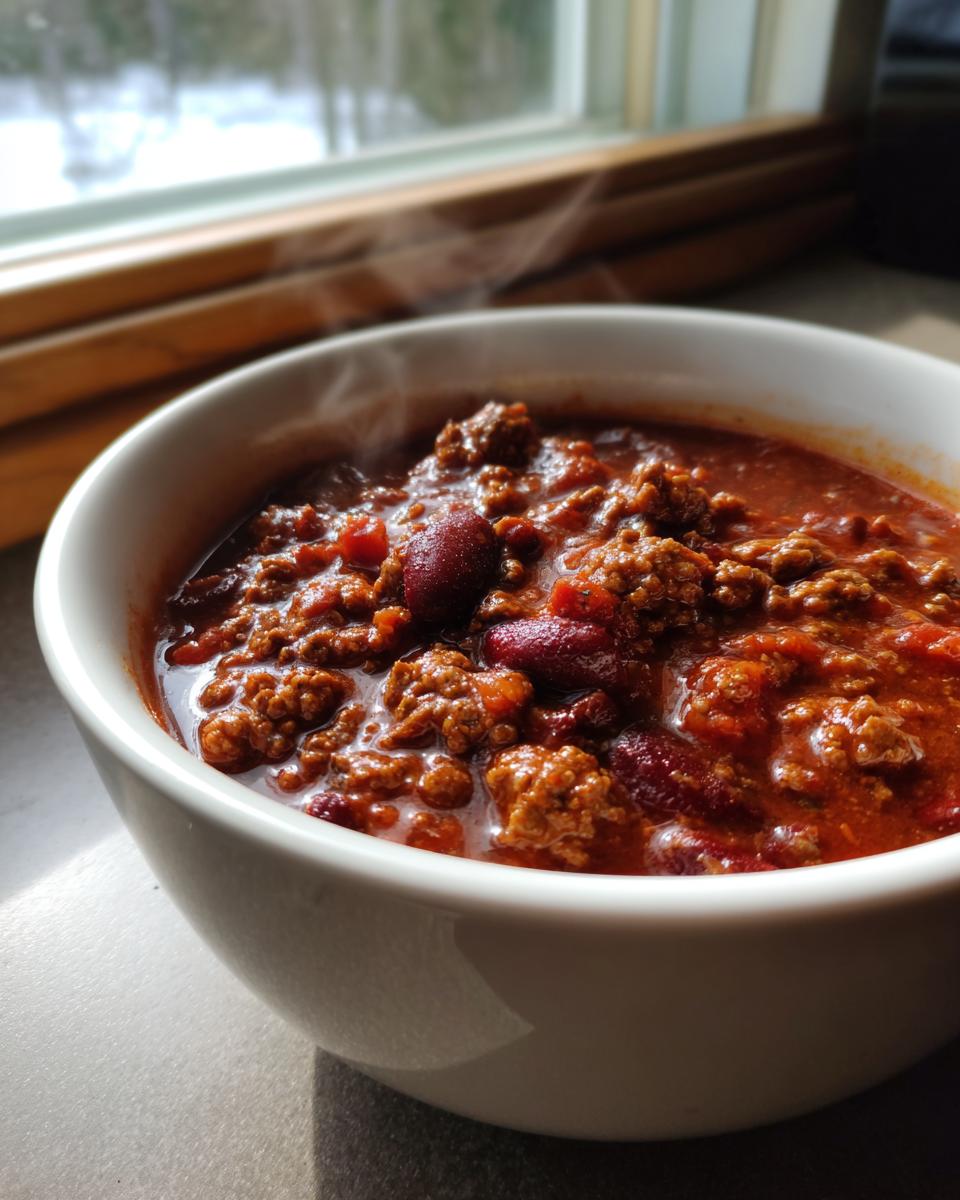 A close-up of a steaming white bowl filled with rich, hearty crockpot chili featuring ground meat and kidney beans.