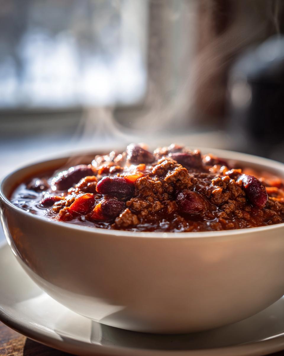 Close-up of a steaming white bowl filled with rich, hearty crockpot chili featuring ground meat and kidney beans.