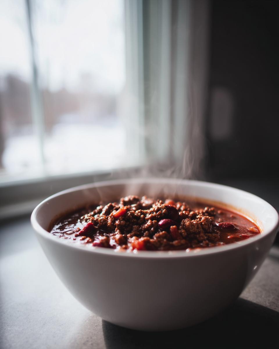 A close-up of a steaming white bowl filled with rich, hearty crockpot chili, set near a bright window.