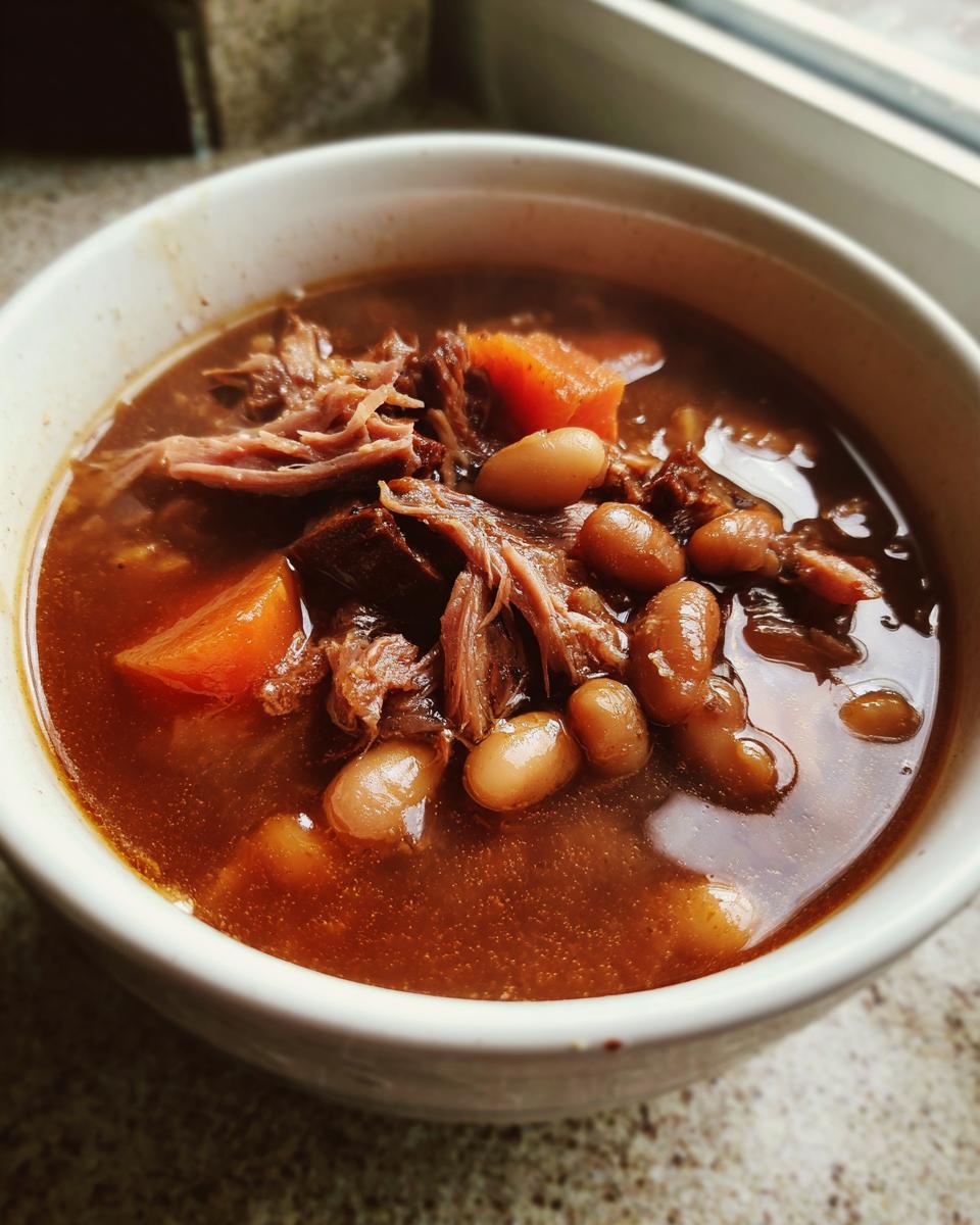 Close-up of a steaming white bowl filled with rich Ham and Bean Soup, showing shredded ham, white beans, and carrots.