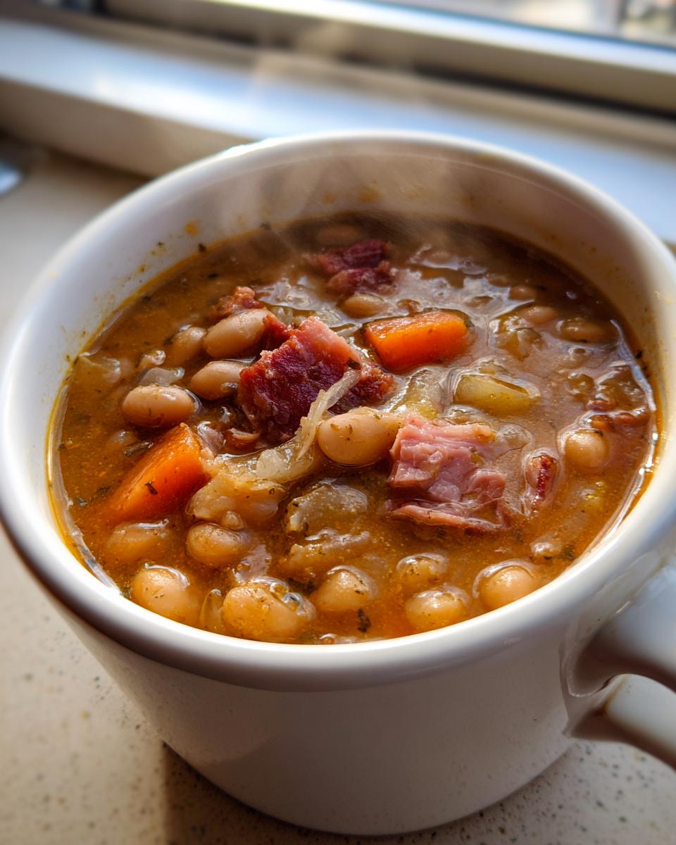 Close-up of a steaming white mug filled with rich, savory ham and bean soup, featuring white beans, chunks of ham, and carrots.
