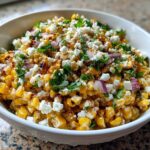 A close-up view of a vibrant street corn salad featuring charred corn kernels, crumbled white cheese, red onion, and cilantro.