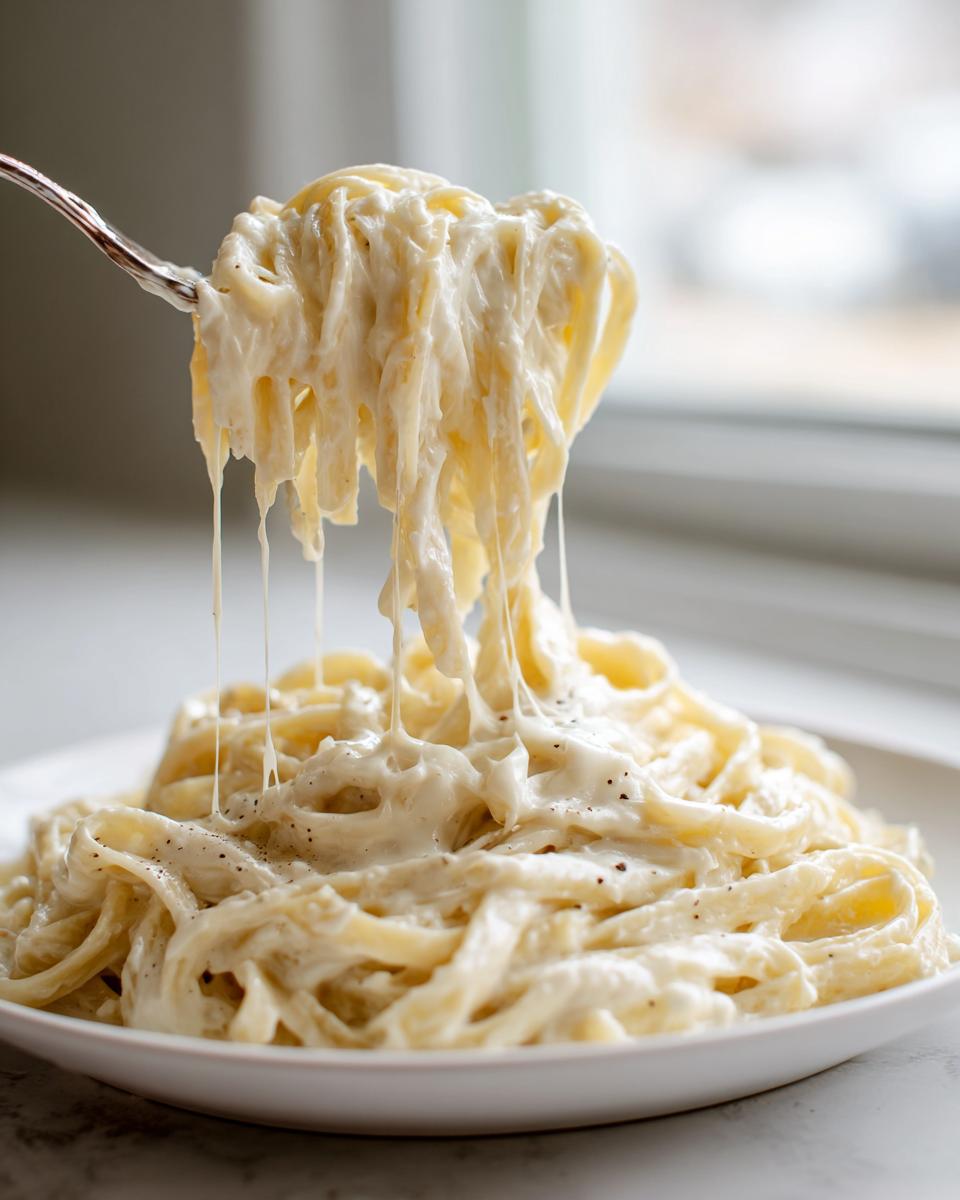 Fork lifting fettuccine pasta coated in thick, creamy homemade alfredo sauce, showing cheese stretch.