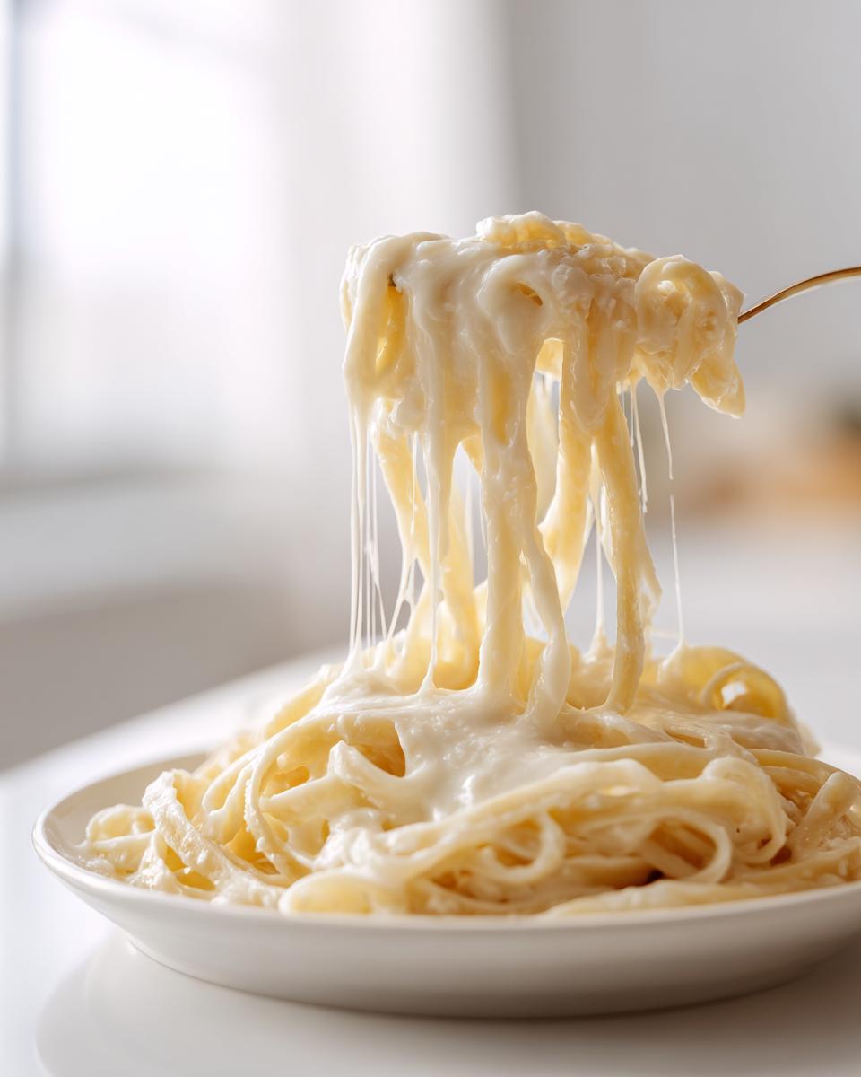A fork lifting fettuccine noodles coated in thick, rich homemade alfredo sauce, showing long, creamy cheese stretches.