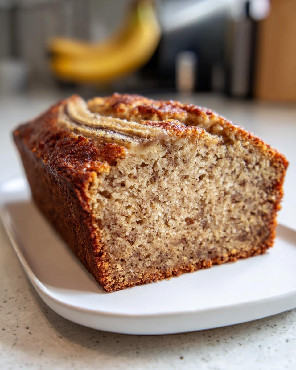 Close-up of a moist, freshly baked loaf of sugar free banana bread, sliced to show the texture.