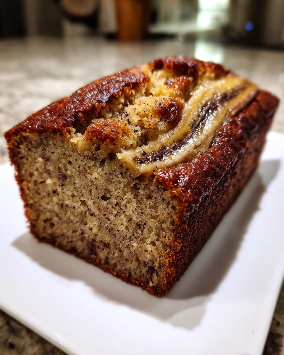 A close-up of a freshly baked slice of sugar free banana bread with a caramelized banana topping.