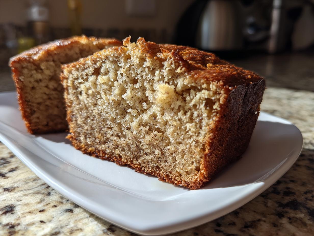 Two thick slices of moist sugar free banana bread displayed on a white plate.