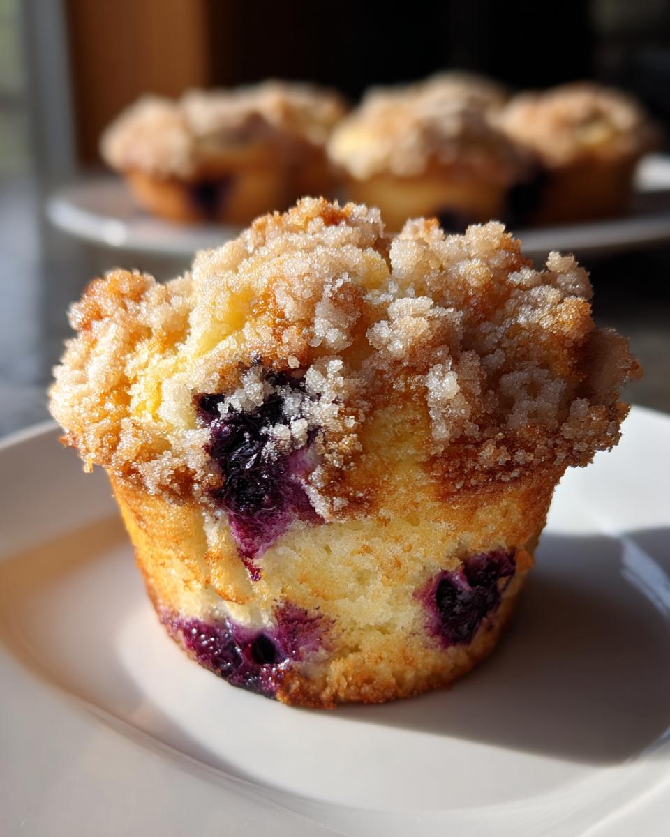 A close-up of a tender blueberry muffin with a thick, sugary crumb topping, sitting on a white plate.